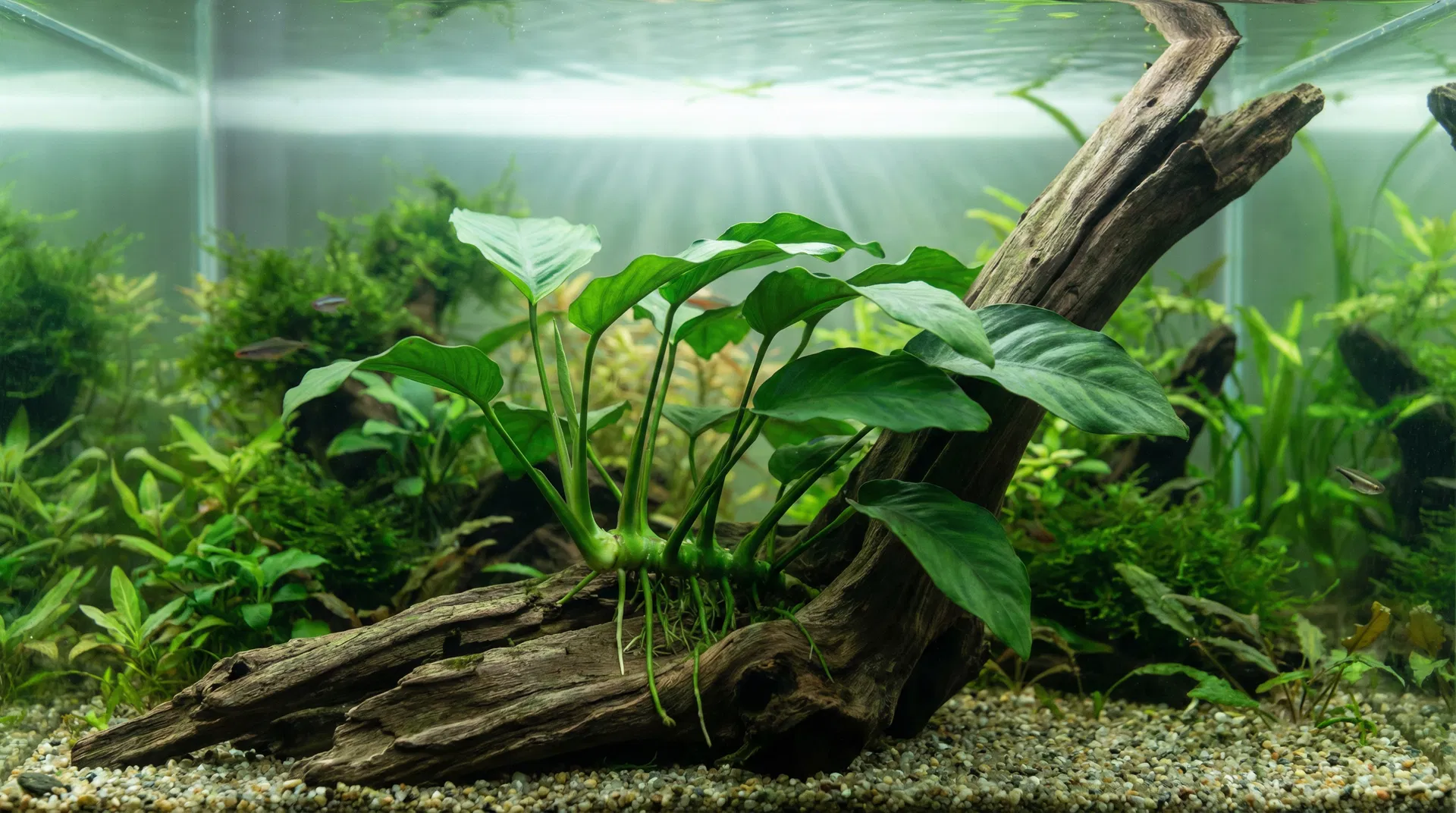 Anubias barteri auf Wurzelholz im Aquarium