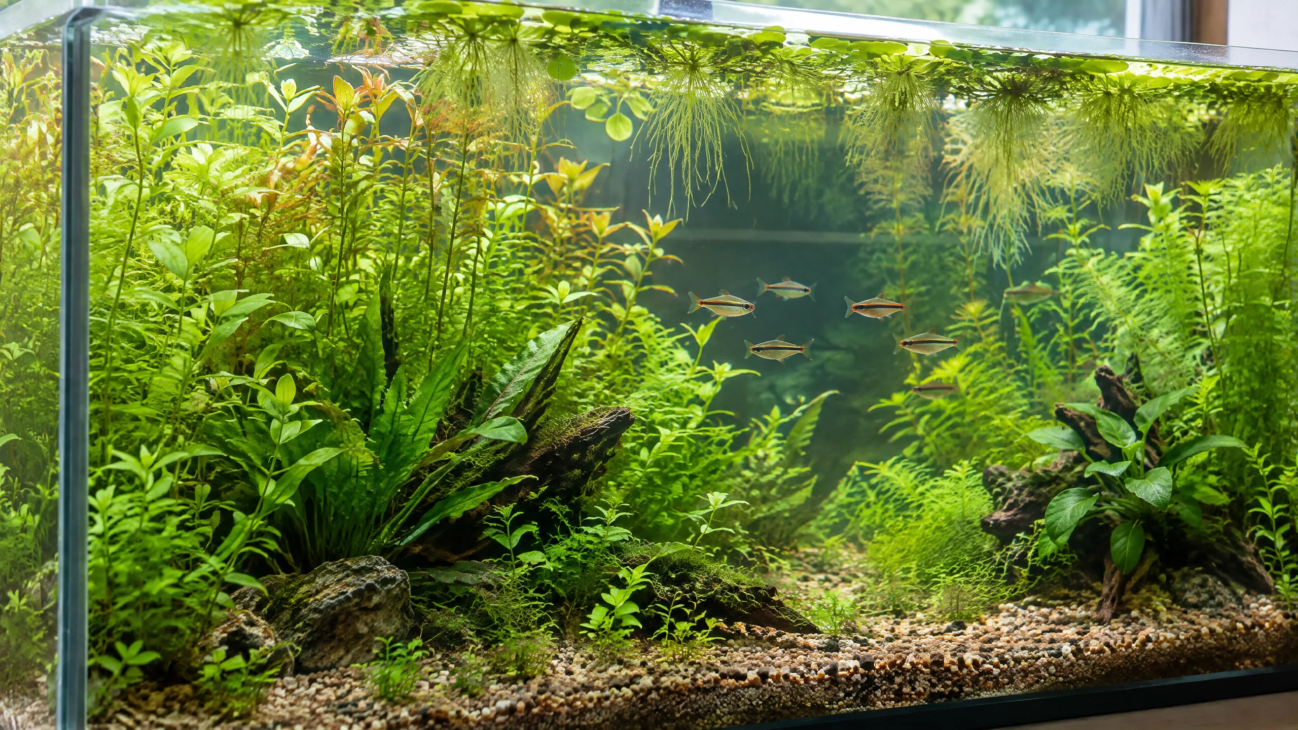Pflanzenreiches Low-Tech-Aquarium mit Schwimmpflanzen und freiem Schwimmraum