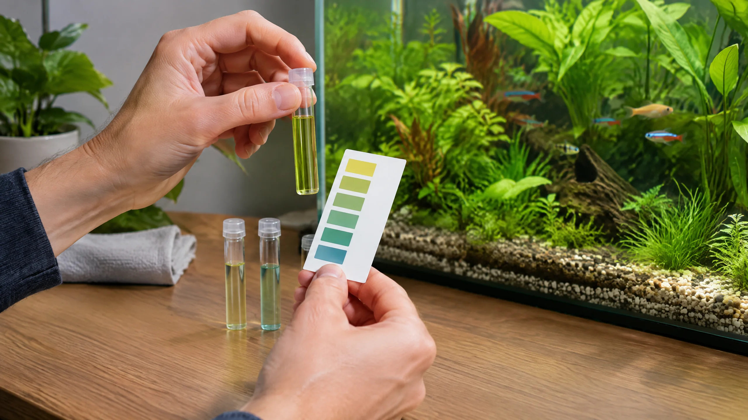 Wassertest mit Reagenzgläsern neben einem bepflanzten Süßwasseraquarium