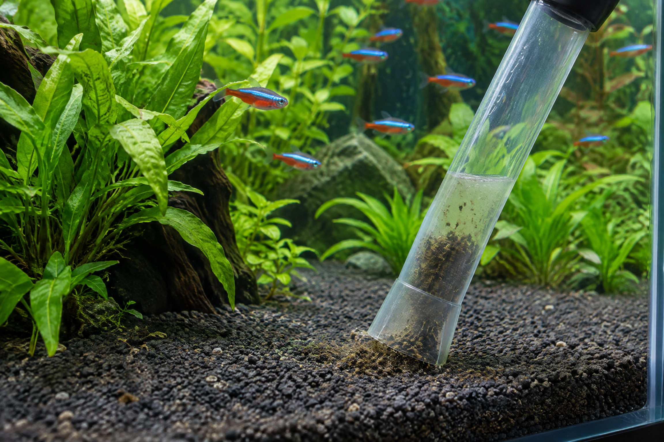 Behutsame Mulmentfernung mit einem Mulmsauger in einem bepflanzten Aquarium