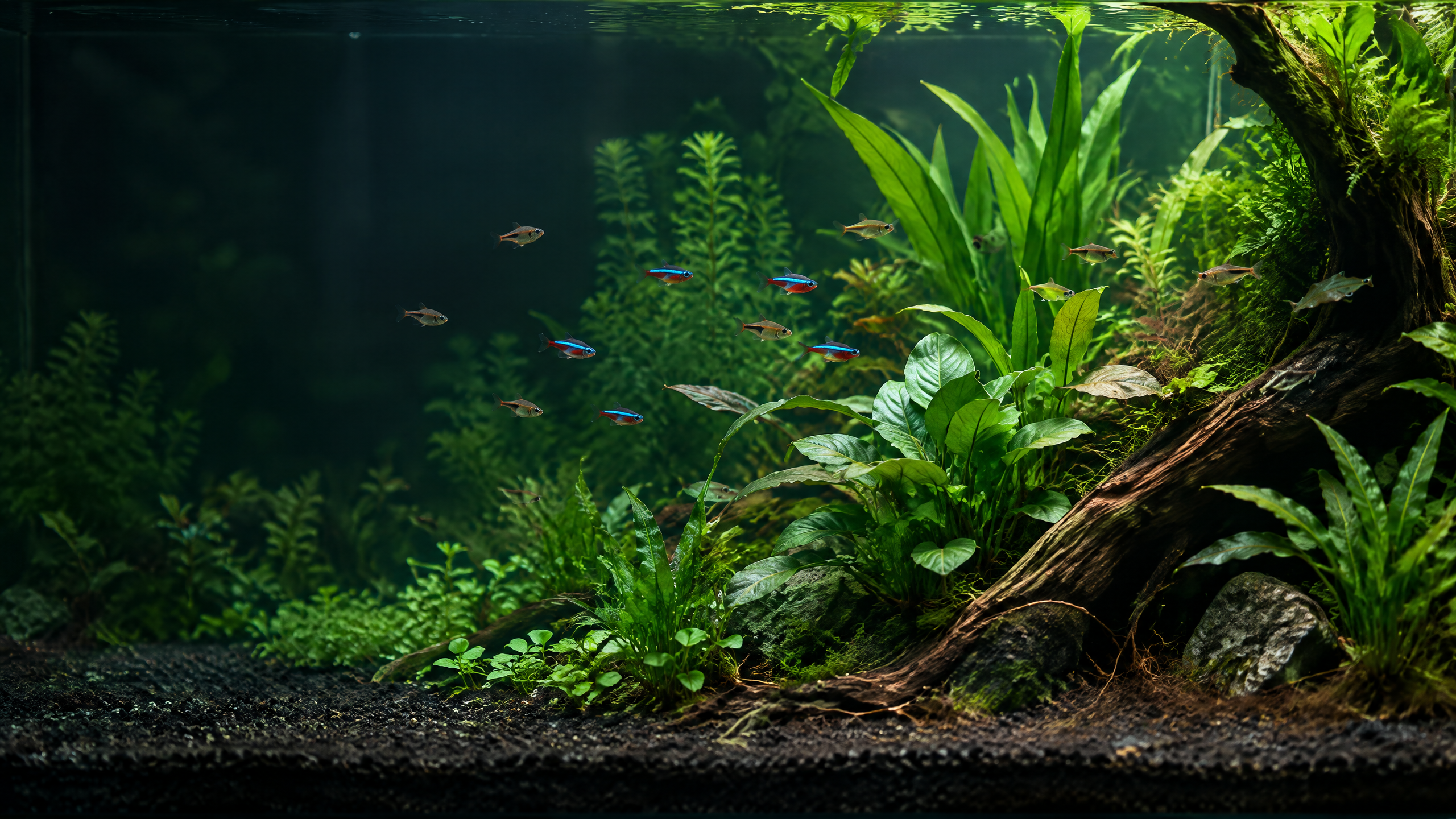 Bepflanztes Süßwasseraquarium mit dunklem Bodengrund und natürlicher Einrichtung
