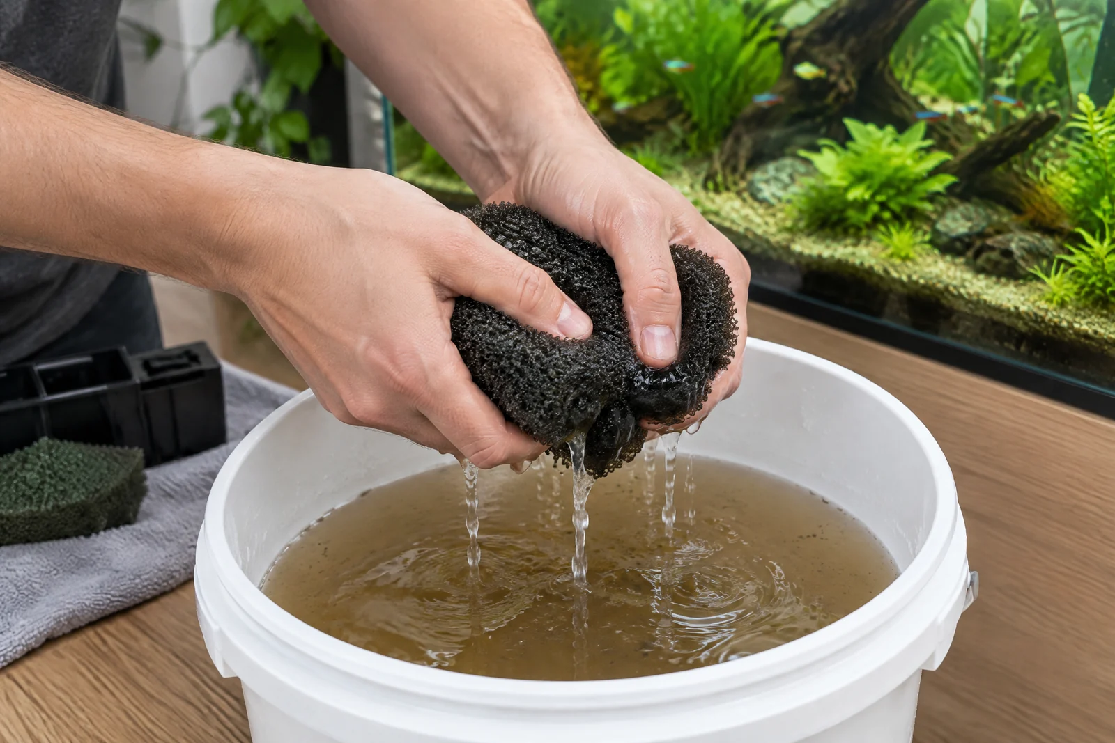 Filterschwamm wird behutsam in einem Eimer mit Aquariumwasser ausgedrückt