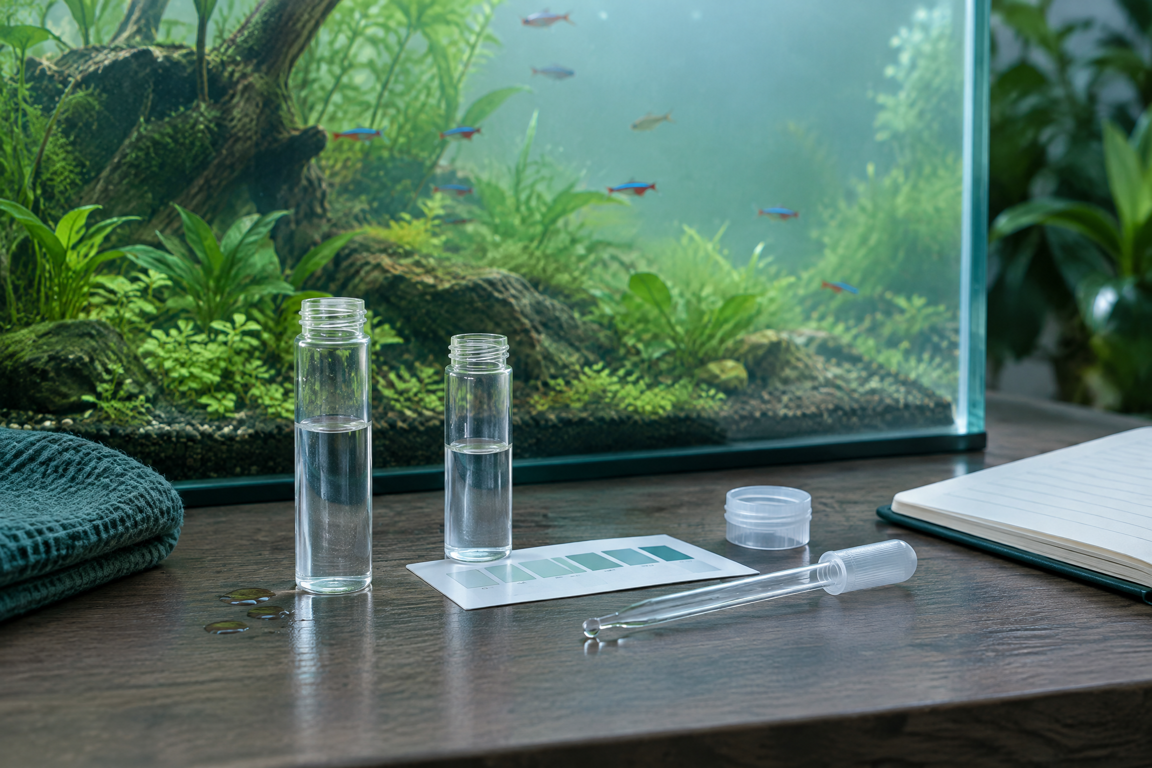 Vorbereitung eines Wassertests neben einem Aquarium mit milchiger Trübung