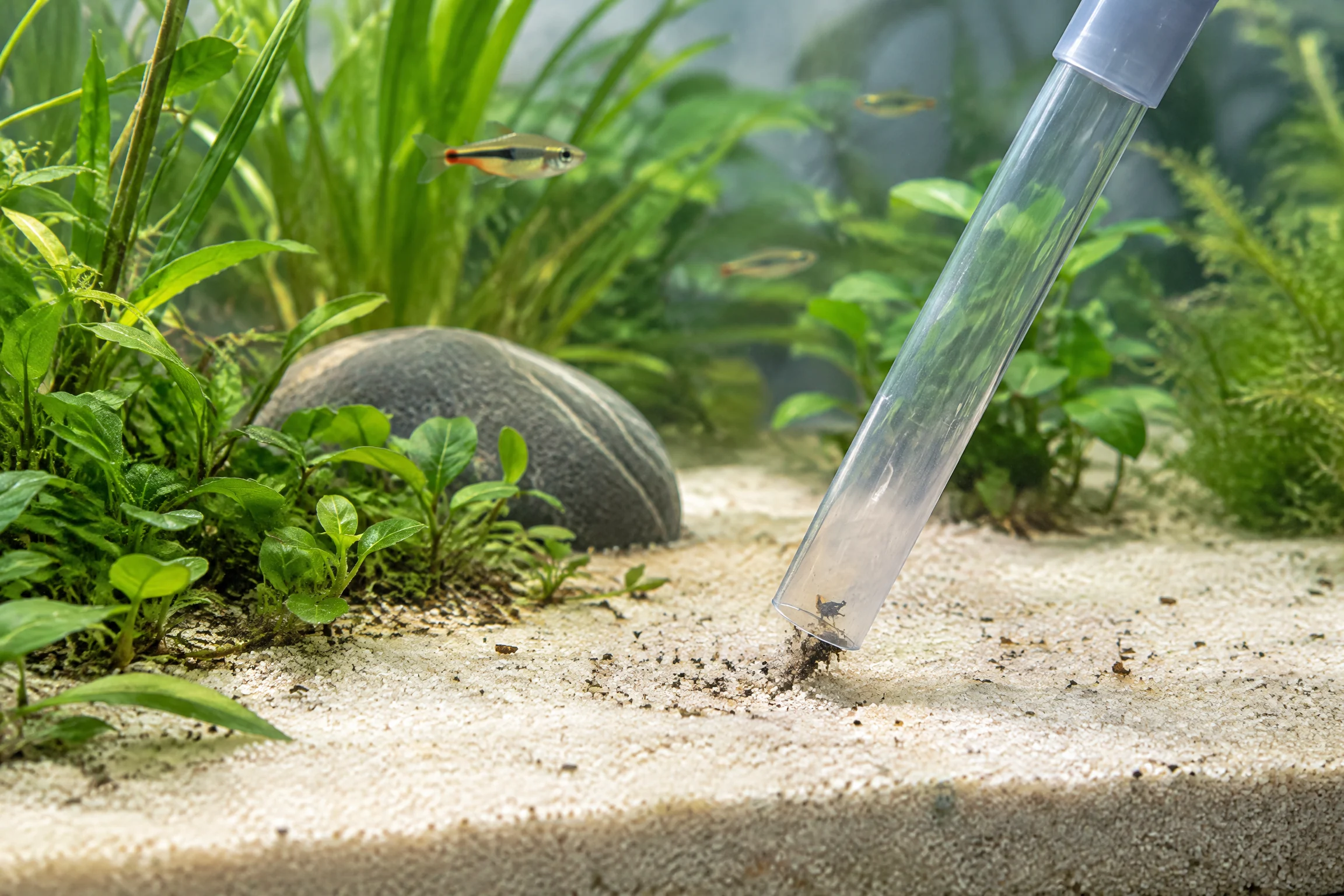 Sanfte Oberflächenpflege von feinem Sand in einem bepflanzten Aquarium