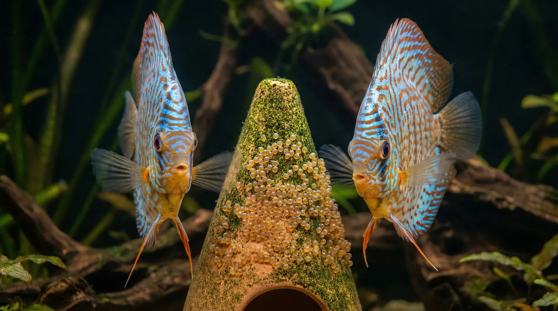Diskusfisch-Elternpaar bewacht gemeinsam ihr Gelege auf einem Laichkegel im Aquarium