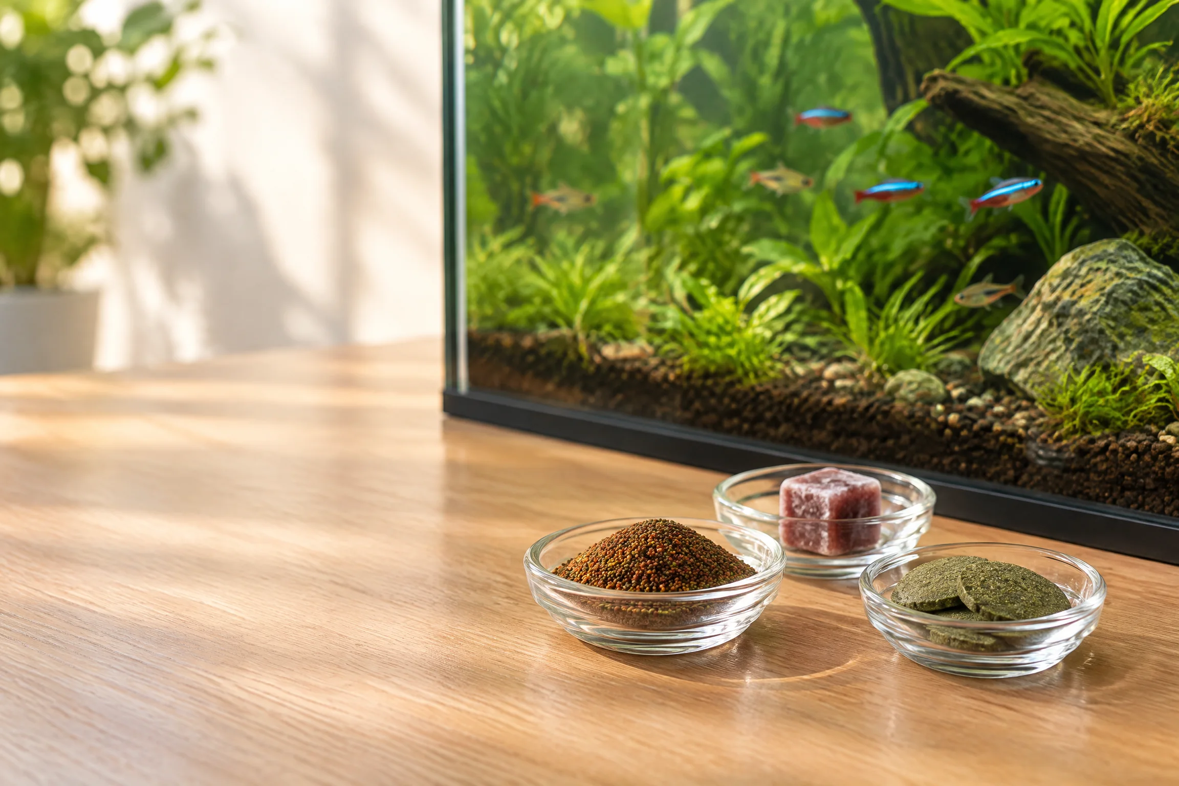 Kleine Portionen Granulat, Frostfutter und Algenwafer vor einem bepflanzten Aquarium als Beispiel für unterschiedliche Futterformen