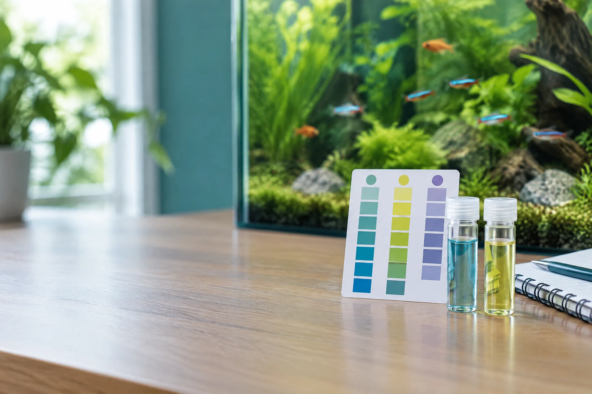 Wassertest mit Testgläsern vor einem bepflanzten Aquarium als Beispiel für die erste Ursachenprüfung
