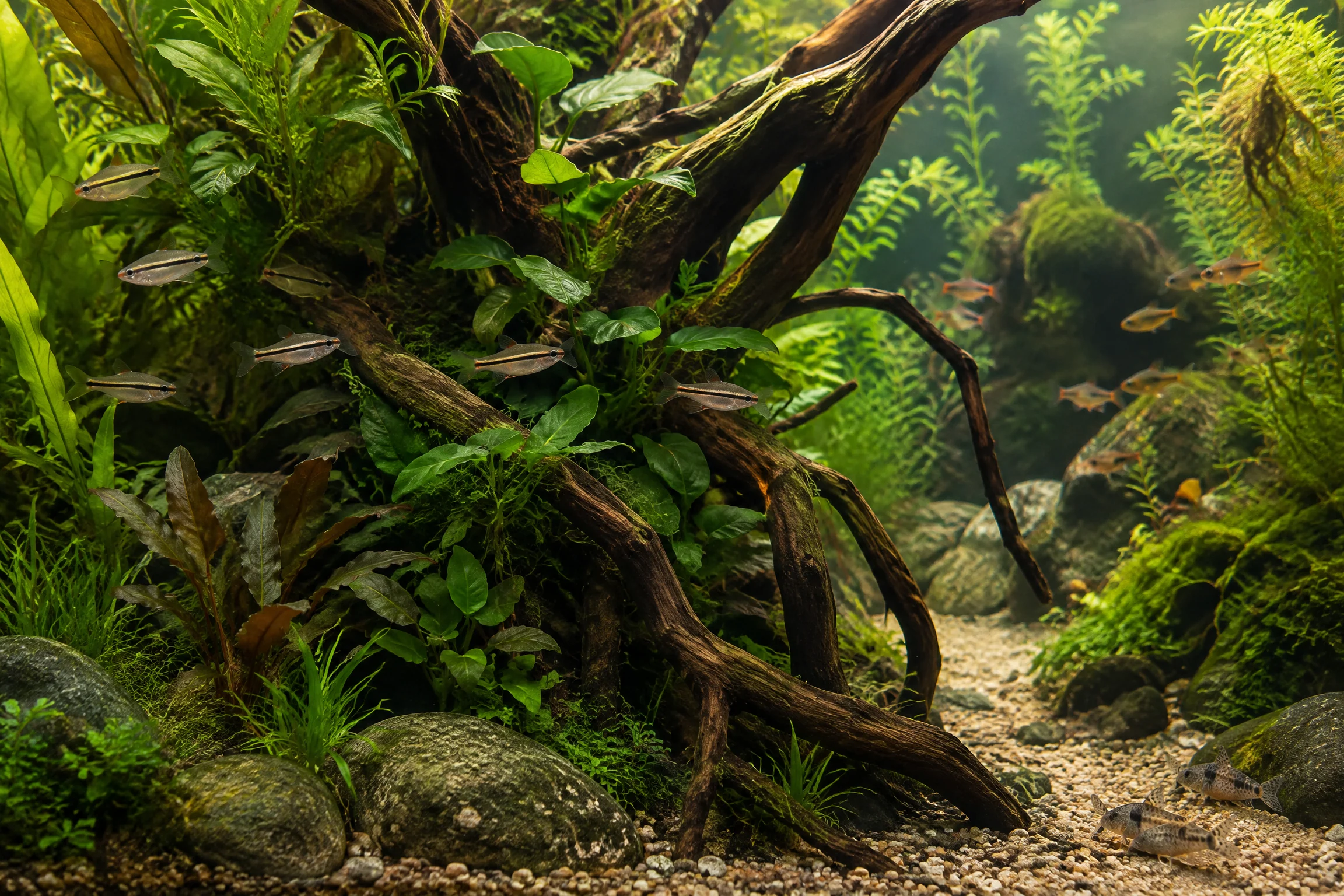 Bepflanztes Aquarium mit Wurzeln und getrennten Sichtzonen für Fische