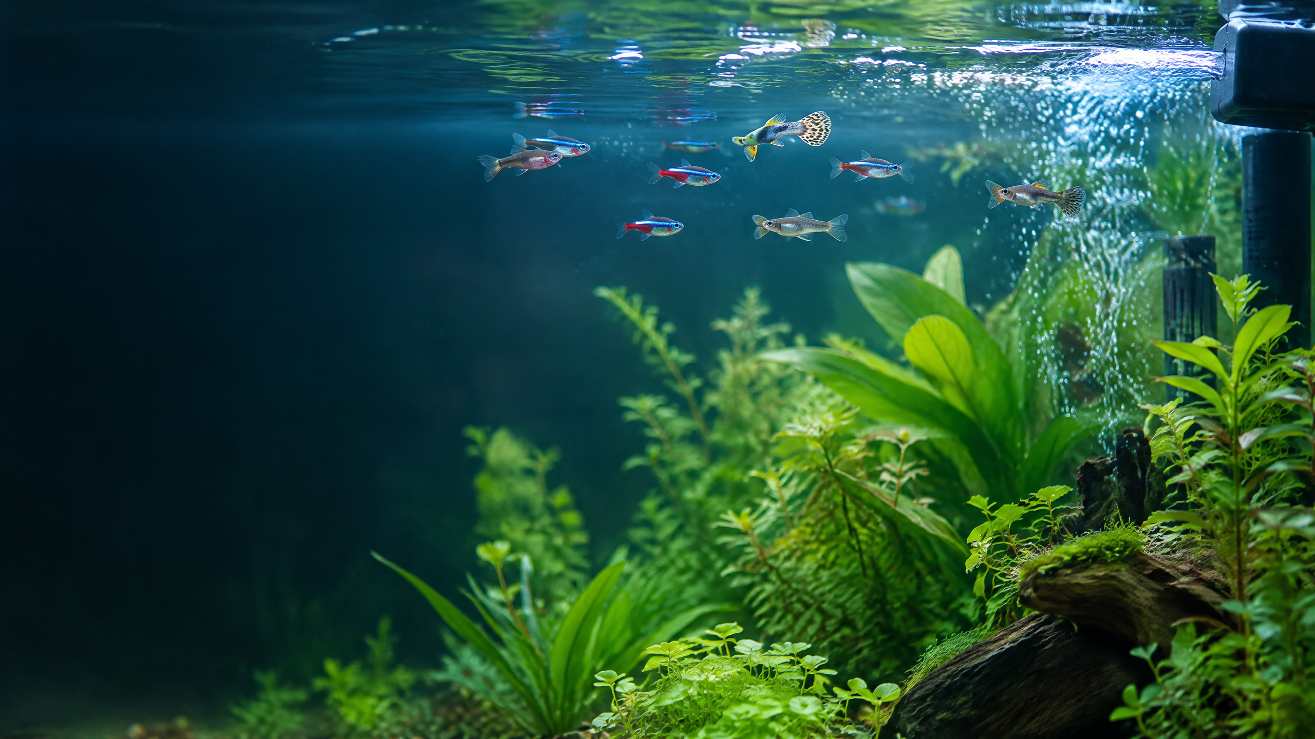 Bepflanztes Aquarium mit kleinen Fischen nahe der Wasseroberfläche und sichtbarer Oberflächenbewegung