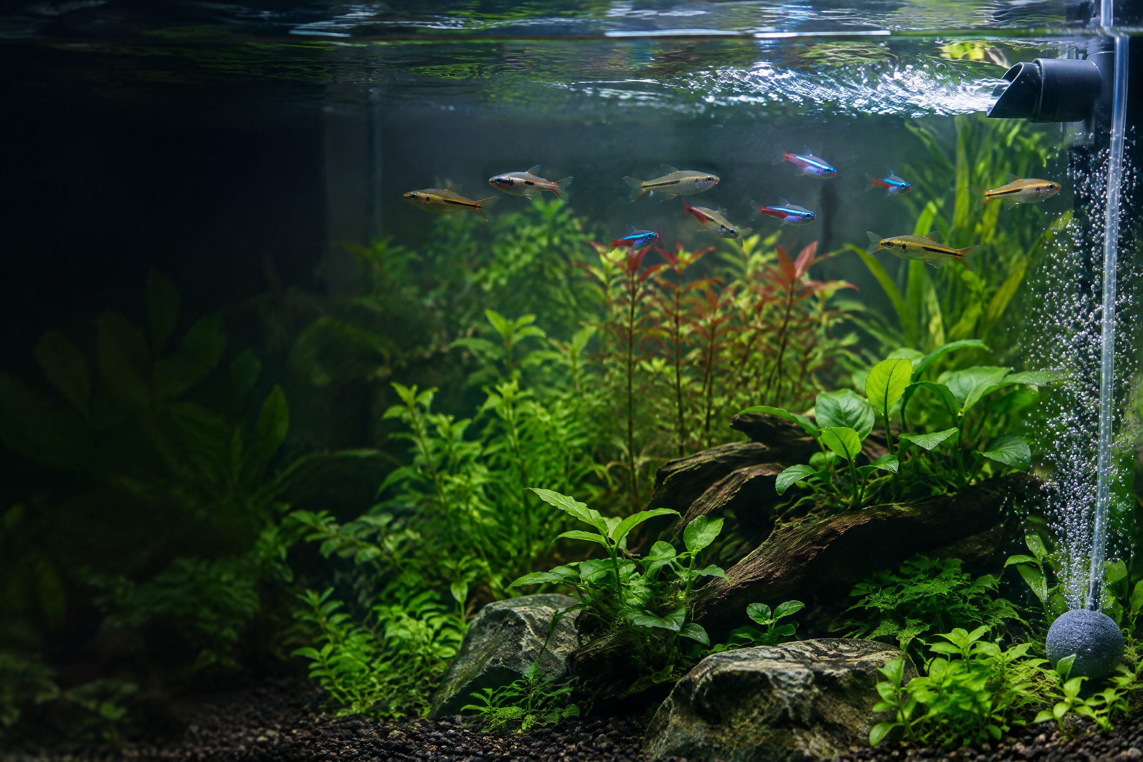 Bepflanztes Aquarium mit sichtbar bewegter Wasseroberfläche und Luftausströmer