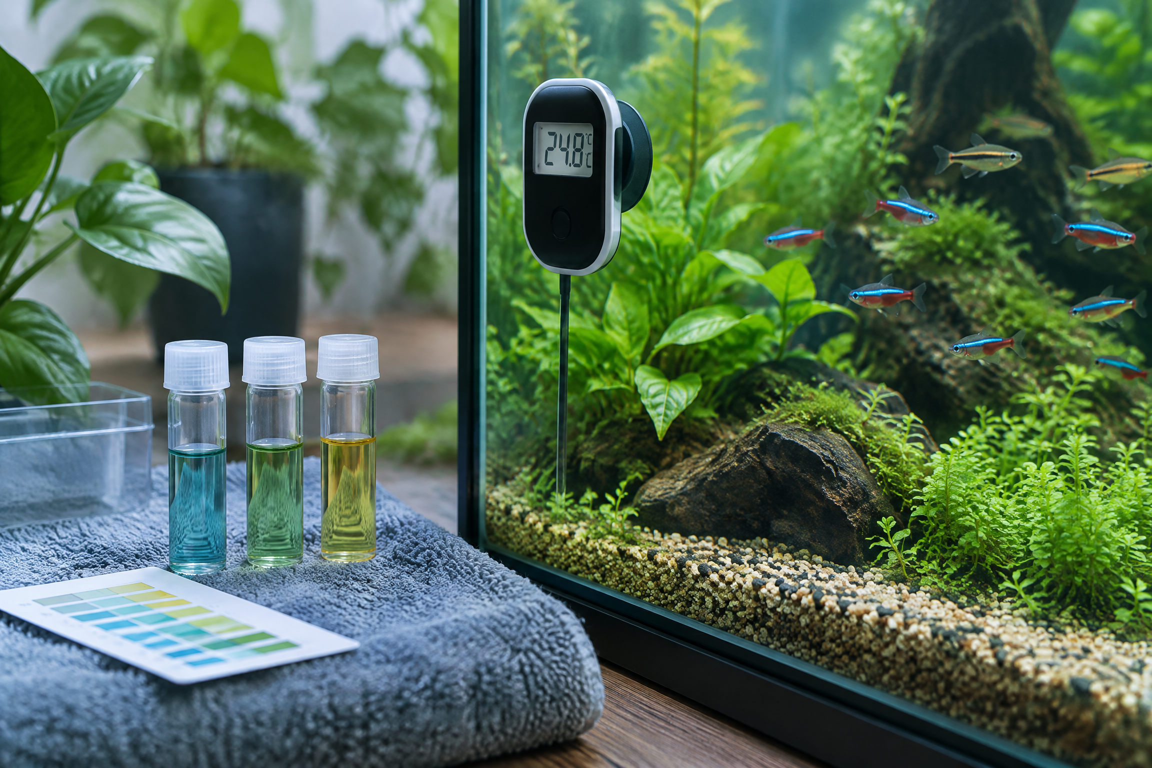 Wassertest und Thermometer neben einem bepflanzten Aquarium
