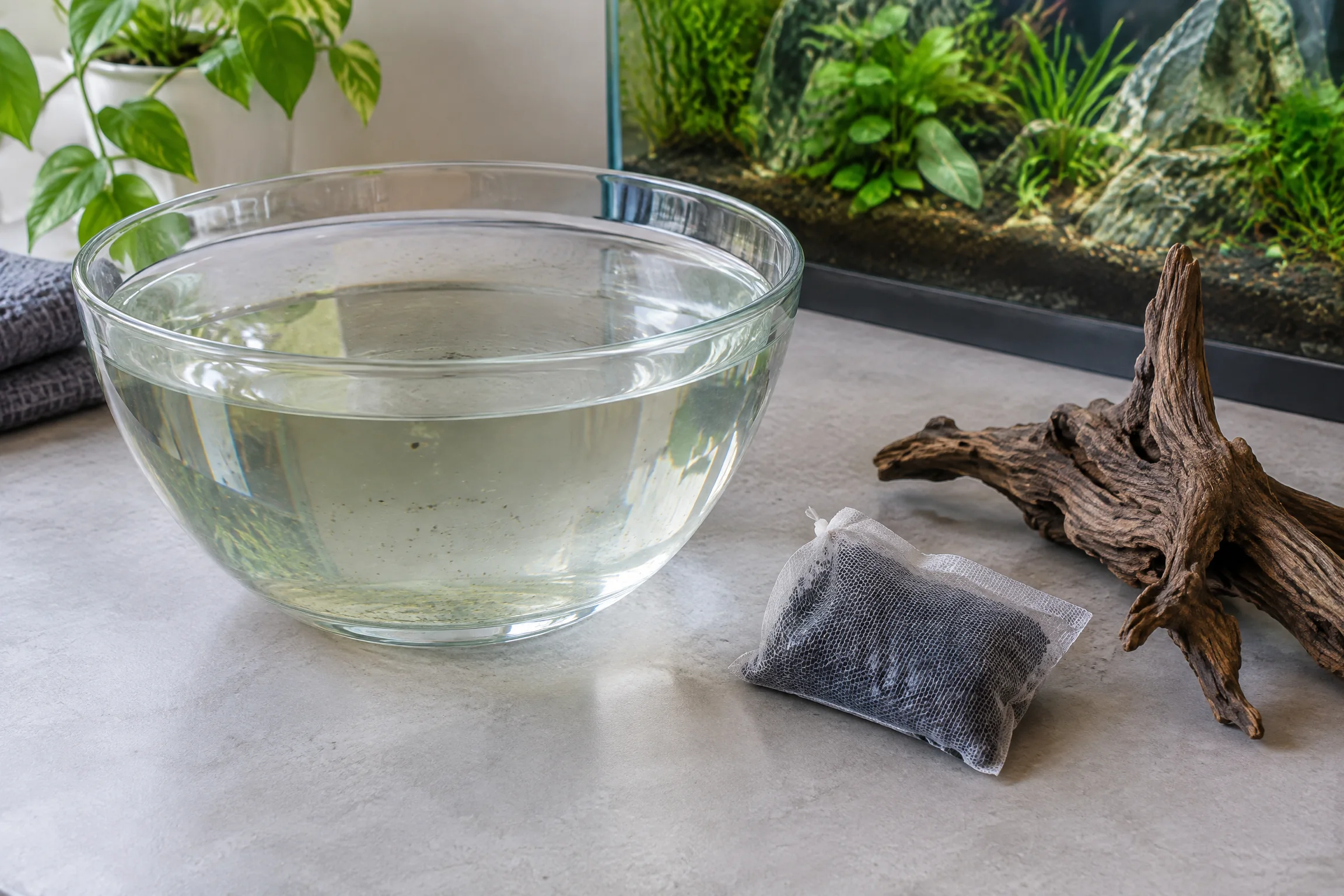 Entnommenes Aquariumwasser, Naturwurzel und ein Beutel Aktivkohle als Beispiel für eine zeitlich begrenzte Wasserklärung