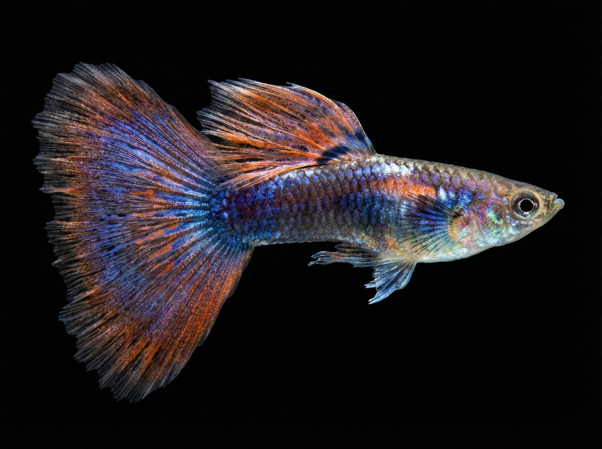 Guppy-Männchen (Poecilia reticulata) Seitenansicht mit prächtigem Fächerschwanz