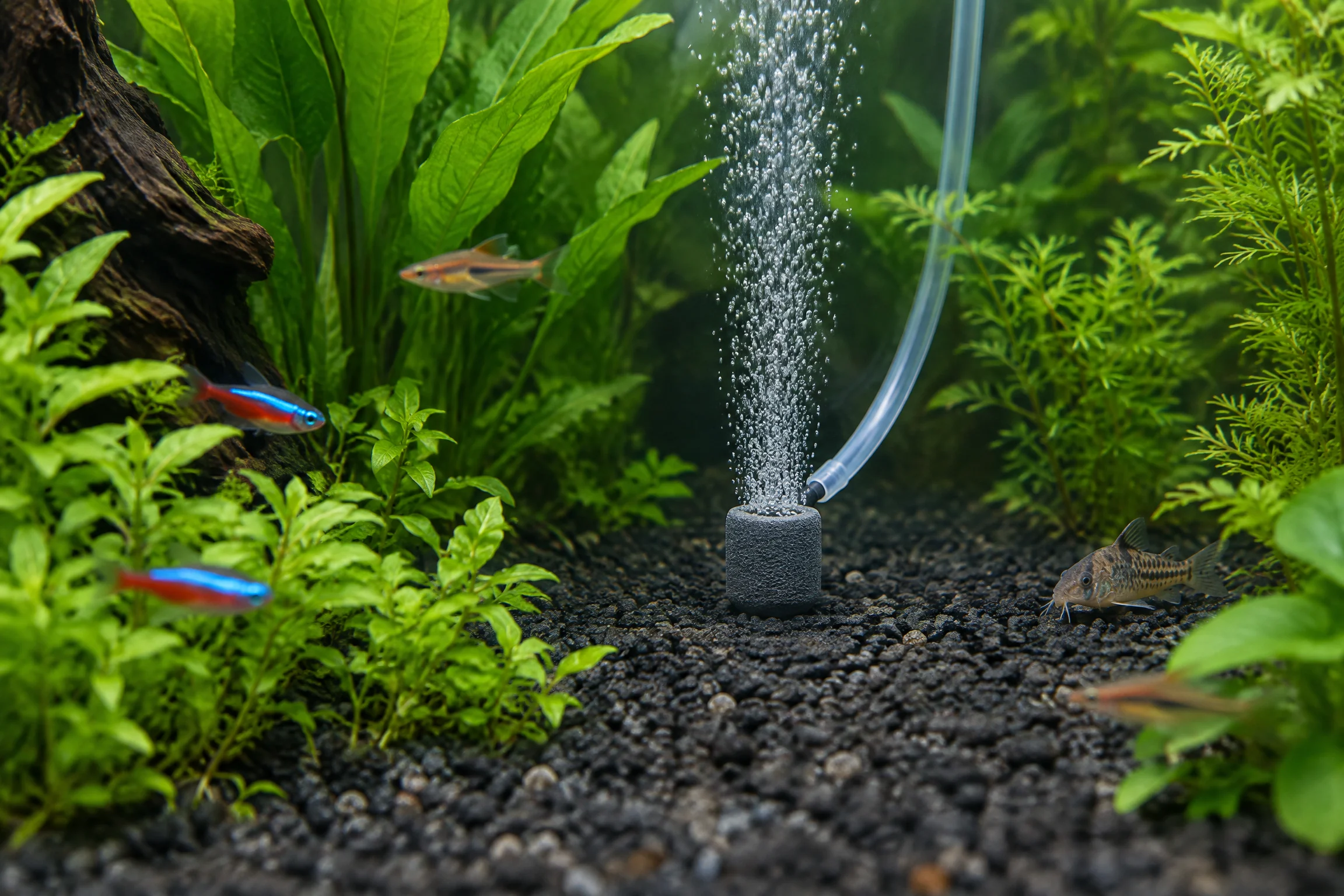 Feiner Ausströmerstein auf dunklem Bodengrund in einem bepflanzten Aquarium