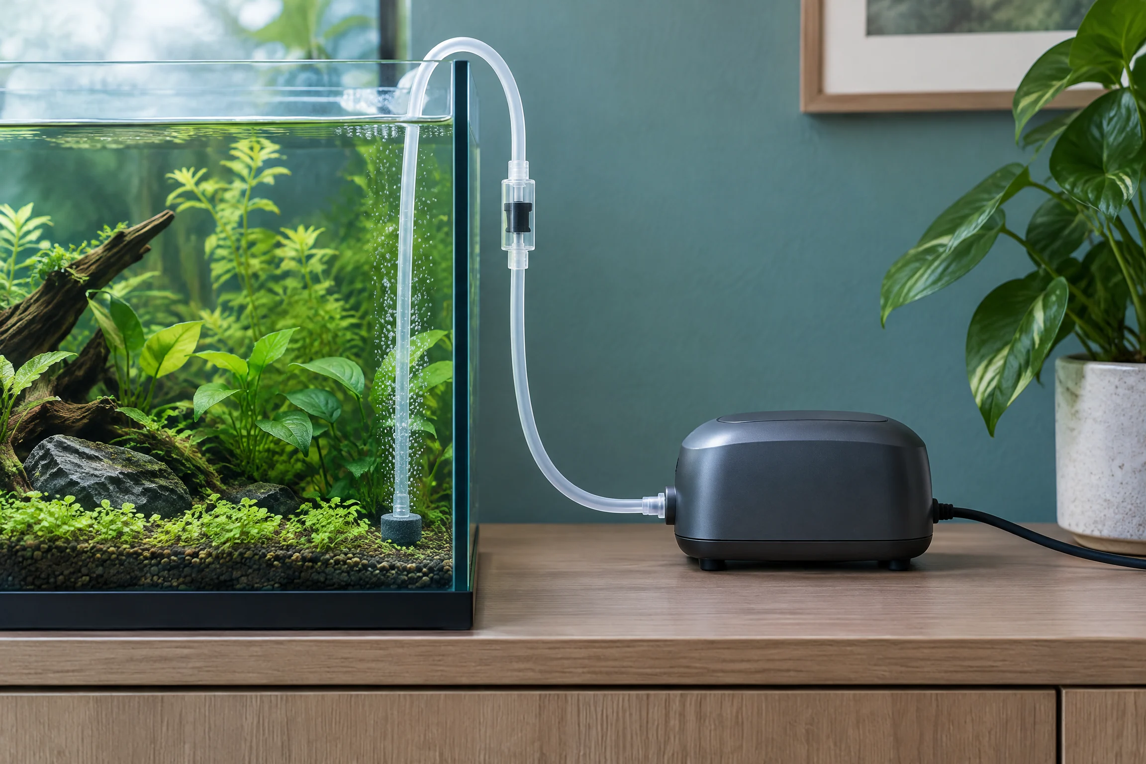 Außerhalb des Aquariums aufgestellte Luftpumpe mit sauber verlegtem Schlauch und Rückschlagventil