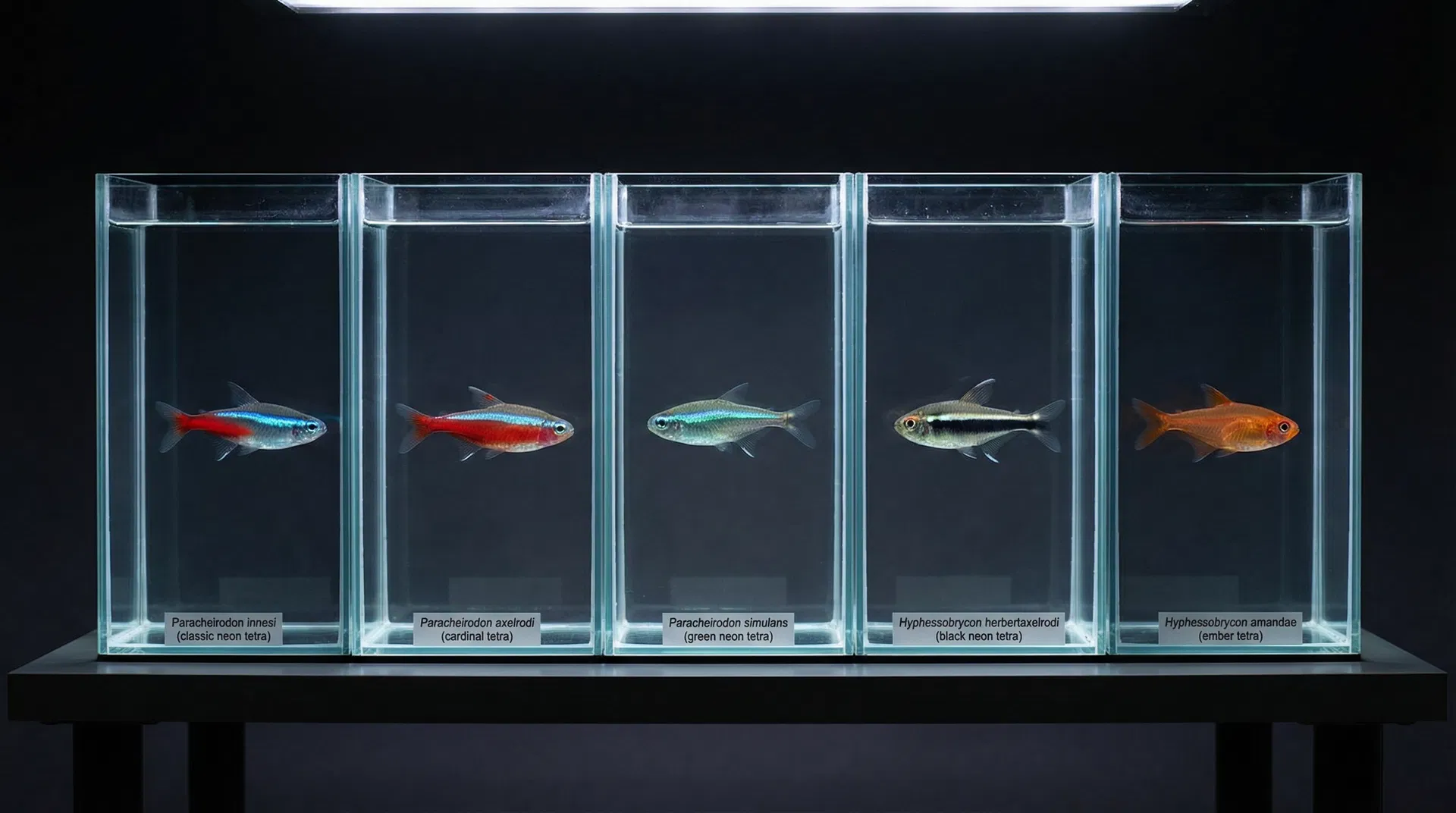 Fünf verschiedene Neon-Salmler-Arten im Vergleich: Neon-Tetra, Roter Neon, Blauer Neon, Schwarzer Neon, Funkensalmler