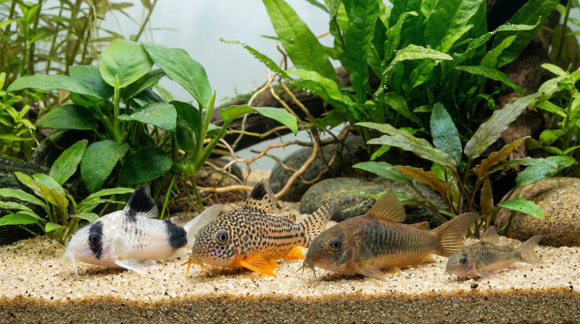 Vier verschiedene Corydoras-Arten nebeneinander: Panda-, Sterbai-, Aeneus- und Zwerg-Panzerwels